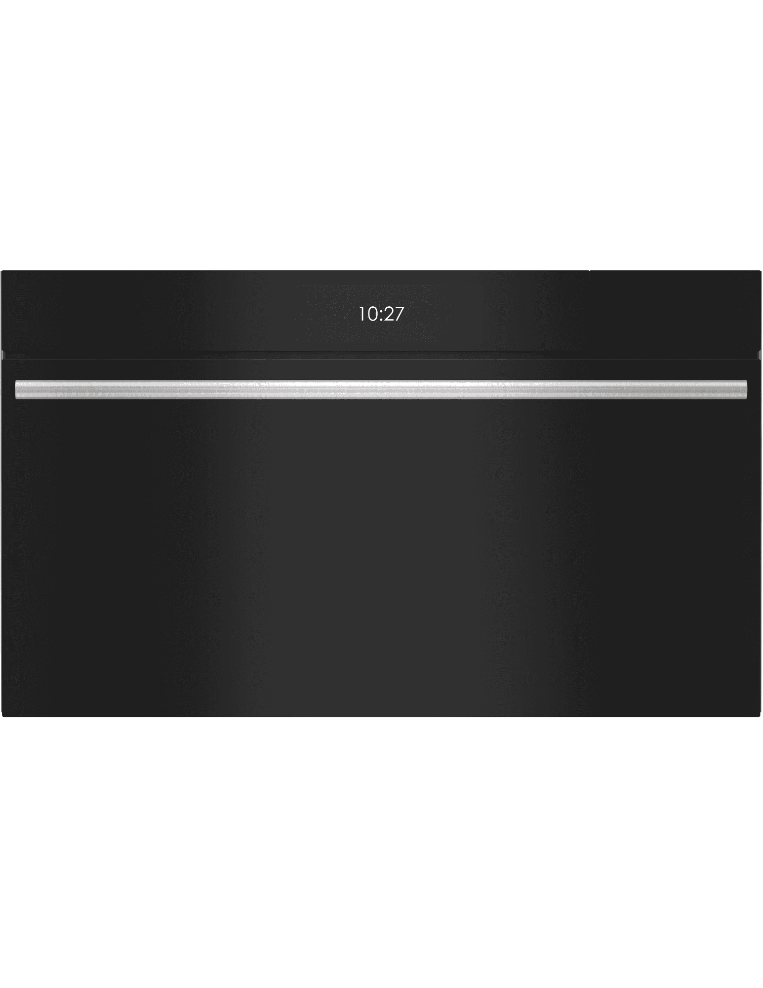 Front view of a modern black wall oven with a digital clock display showing 10:27 and a horizontal stainless steel handle.