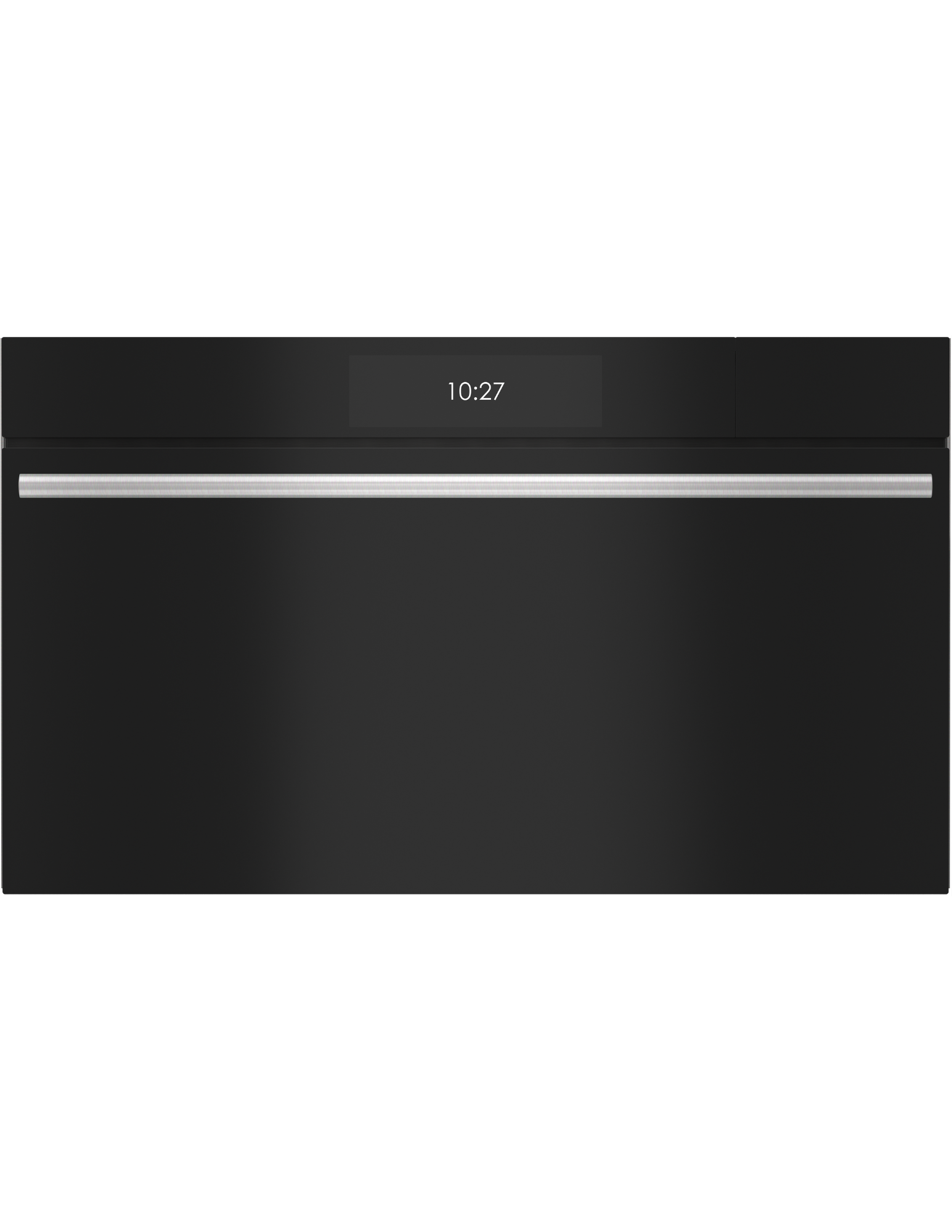 Front view of a modern black wall oven with a digital clock display showing 10:27 and a horizontal stainless steel handle.