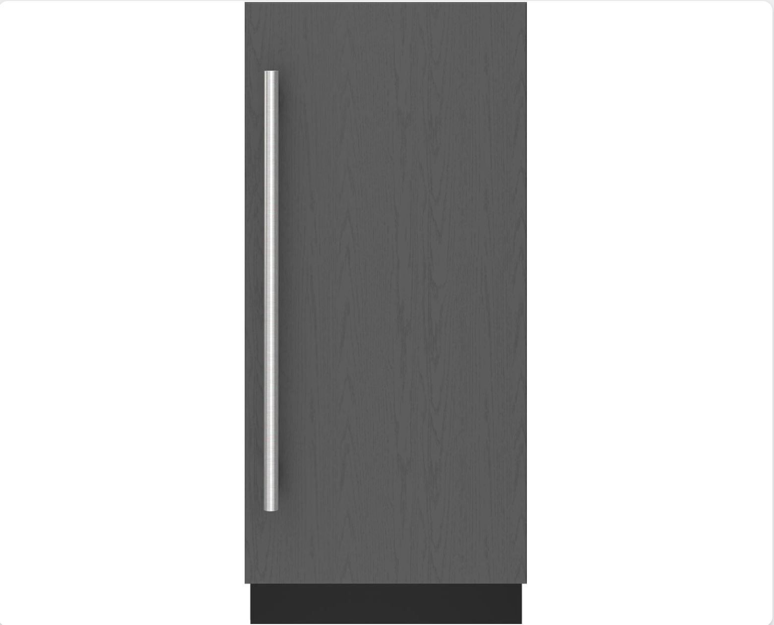 A tall, gray, wood-paneled refrigerator with a vertical silver handle and a black base, viewed from the front.