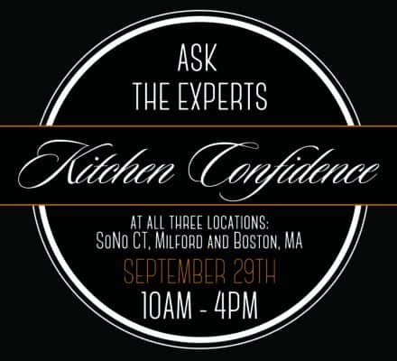 Promotional graphic for a "Kitchen Confidence" event on September 29th, 10am–4pm, at SoNo CT, Milford, and Boston, MA. Visit our appliance showroom and ask the experts about luxury kitchen appliances.