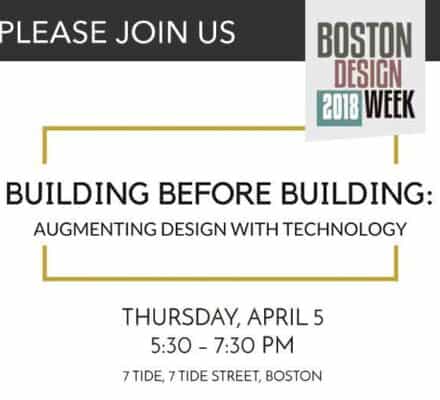 Boston Design Week event flyer for "Building Before Building: Augmenting Design with Technology," featuring luxury kitchen appliances like Sub Zero and Wolf, on April 5, 5:30-7:30 PM at 7 Tide Street, Boston.