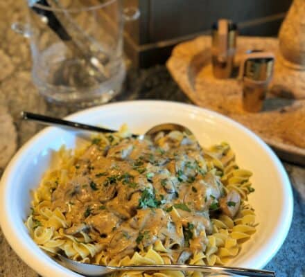 A white bowl of pasta topped with creamy mushroom sauce and chopped herbs sits on a stone countertop beside serving utensils, completing the look of a kitchen equipped with a luxury Sub-Zero appliance.