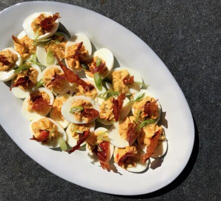 Deviled Eggs with Crispy Ham Made with Wolf Convection Steam Oven