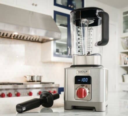 A luxury kitchen appliance with a digital display and red dial sits on the counter, tamper tool beside it. Kitchen appliances and cabinets create a kitchen showroom vibe in the background.