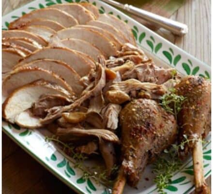 A platter with sliced roasted turkey breast, shredded dark meat, and two seasoned drumsticks garnished with fresh herbs—perfectly prepared in a kitchen showroom featuring the latest Wolf appliances.