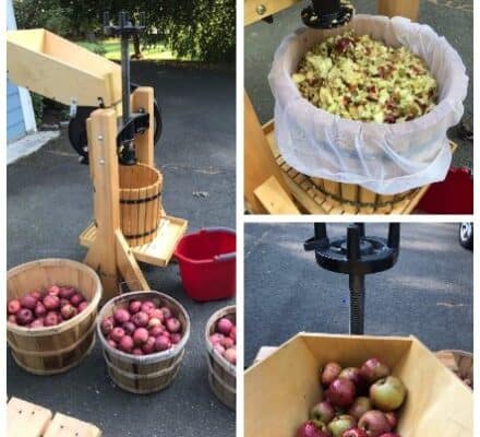 Three images show an apple cider press, baskets of apples, and chopped apples inside the press, ready to be pressed outdoors—perfect inspiration for your kitchen showroom featuring Sub-Zero and Wolf appliances.