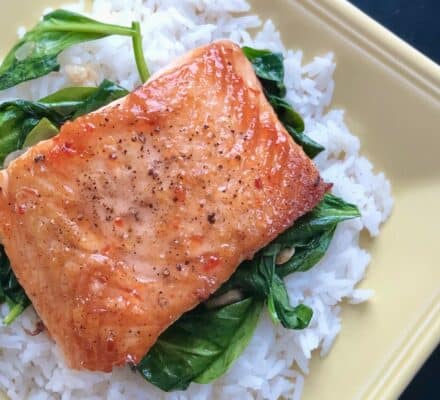 Grilled salmon fillet on a bed of sautéed spinach and white rice, elegantly plated to highlight the precision of a Wolf appliance—perfect for any luxury kitchen.
