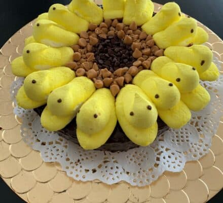 A round cake decorated to look like a sunflower, with yellow marshmallow chicks around the edge and chocolate and peanut butter chips in the center—perfect for displaying in an appliance showroom alongside your new Sub Zero appliance.