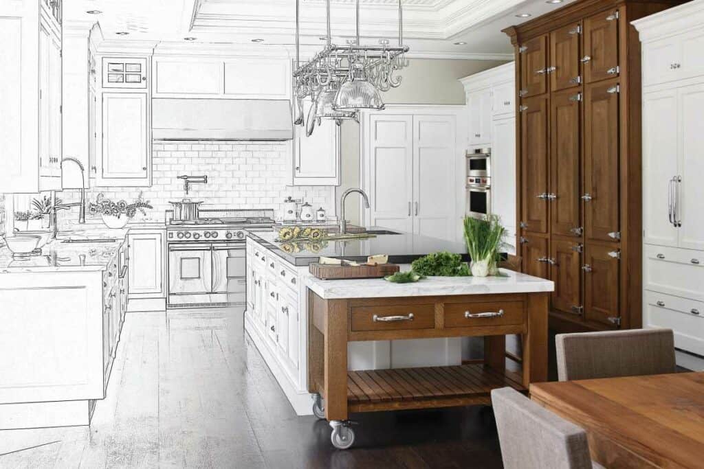 A kitchen showroom display with one half as a detailed color photograph and the other as a black-and-white line drawing, highlighting a transitional design concept and featuring a luxury kitchen appliance.