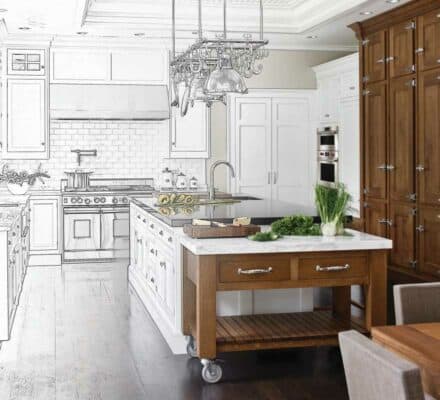 A kitchen showroom display with one half as a detailed color photograph and the other as a black-and-white line drawing, highlighting a transitional design concept and featuring a luxury kitchen appliance.