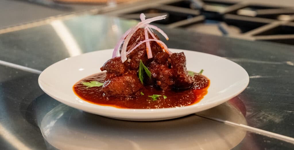 A white plate with pieces of meat in reddish-brown sauce, garnished with thinly sliced red onions and herbs, sits on a shiny countertop in front of a luxury kitchen appliance.