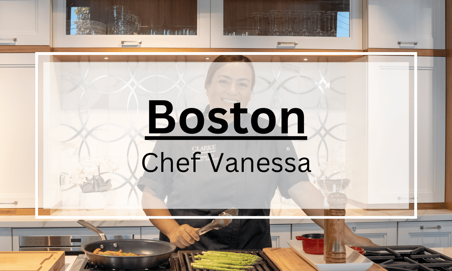 A chef stands in a modern kitchen showroom, cooking asparagus and other food on a stove. Sub Zero appliances gleam in the background. Text overlay reads: "Boston Chef Vanessa.