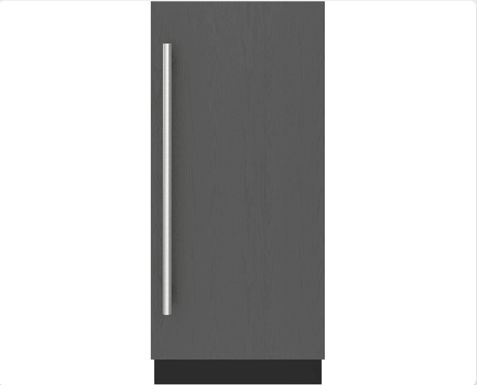A tall, gray, wood-paneled refrigerator with a vertical silver handle and a black base, viewed from the front.