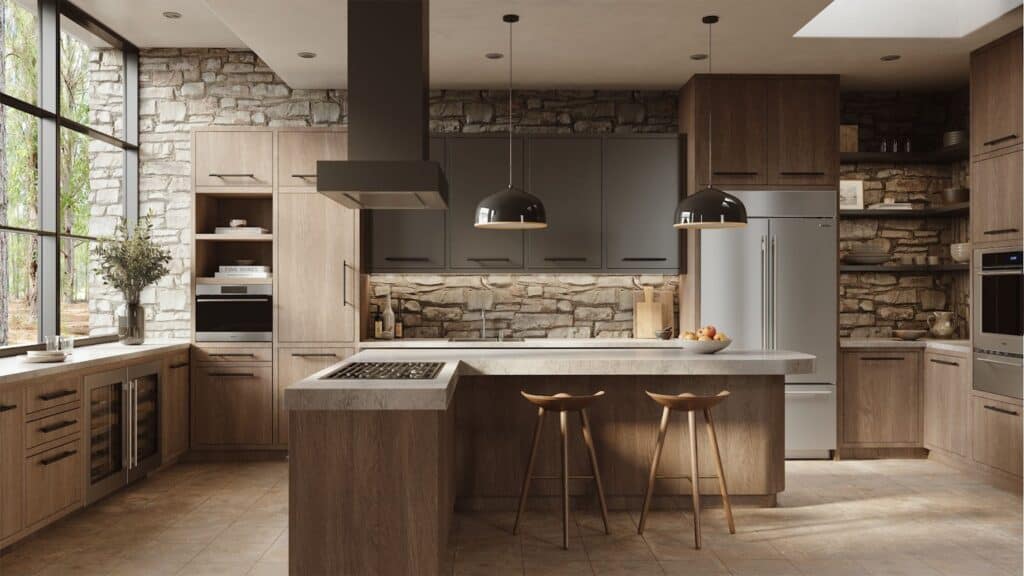Modern kitchen with wood cabinets, stone walls, island with two stools, built-in appliances including an induction range, pendant lights, and large windows letting in natural light.