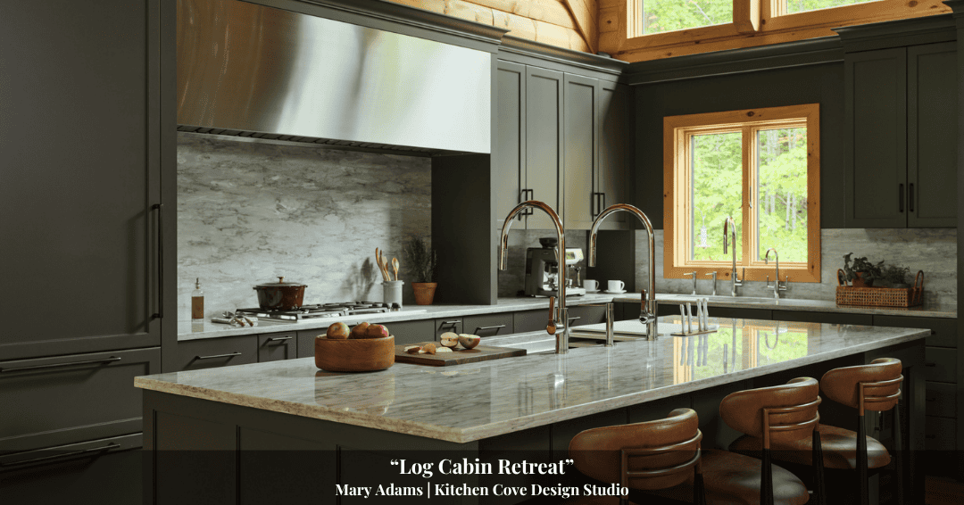 Modern kitchen with dark cabinets, marble countertops, a large island with stools, stainless steel appliances, and a window overlooking greenery—a stylish space inspired by Clarke History.