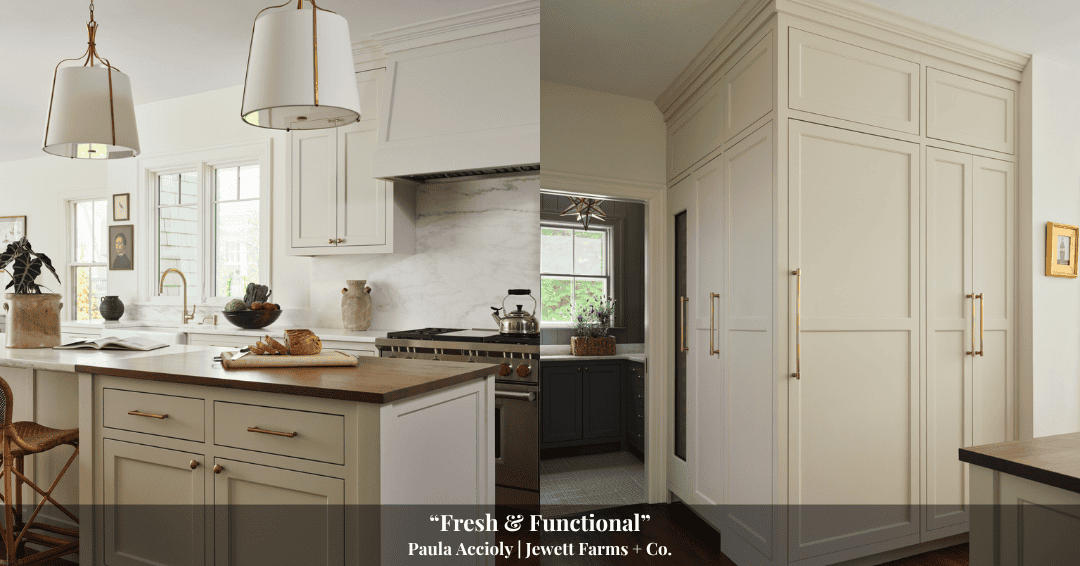 Modern kitchen with light cabinetry, gold hardware, wood countertops, white marble backsplash, pendant lights, and tall built-in storage—blending timeless design with Clarke History. Text overlay: "Fresh & Functional" Paula Accioly | Jewett Farms + Co.