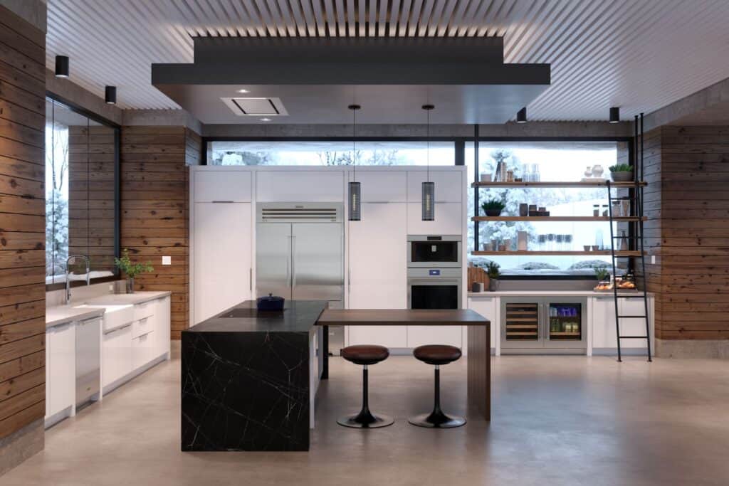 Modern kitchen with white cabinets, a black marble island, two bar stools, built-in appliances, open shelving, and large windows with a snowy outdoor view—perfect inspiration for your next project or kitchen planner guide.
