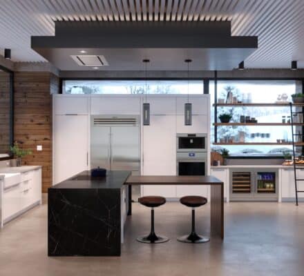 Modern kitchen with white cabinets, a black marble island, two bar stools, built-in appliances, open shelving, and large windows with a snowy outdoor view—perfect inspiration for your next project or kitchen planner guide.