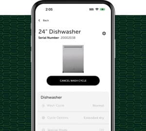 A smartphone screen displays a Cove dishwashers control app showing a 24" dishwasher, serial number 20002038, with a button to cancel the wash cycle.