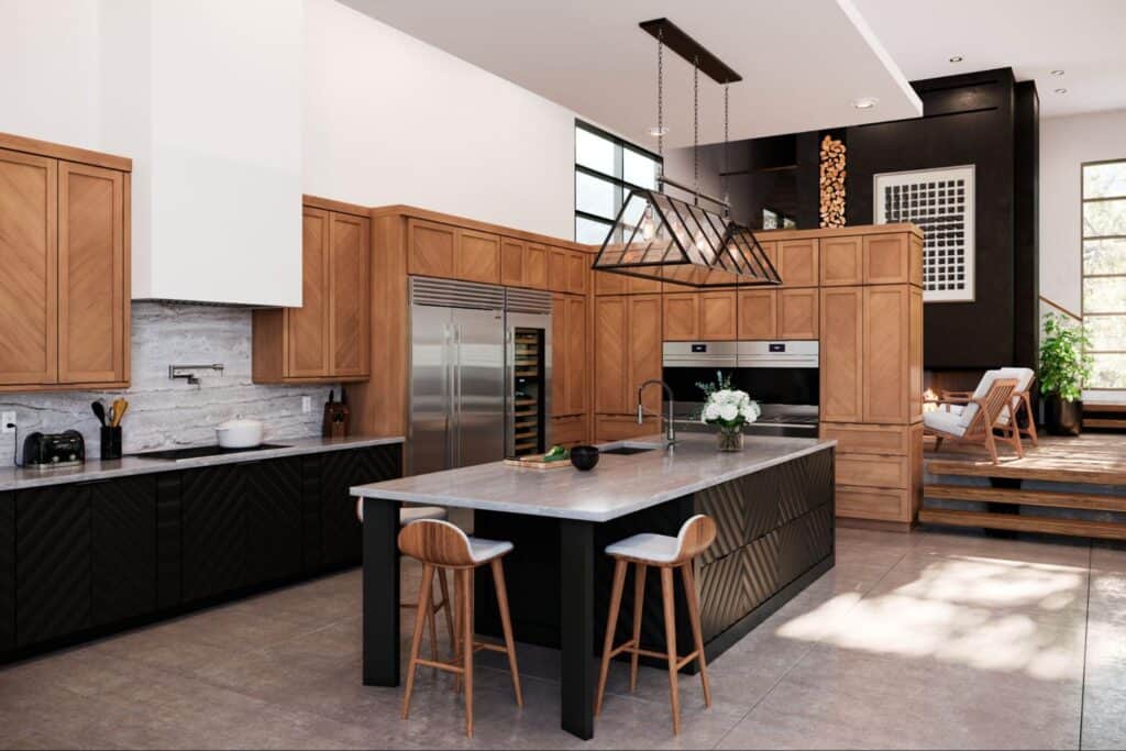 Modern kitchen design featuring wood and black cabinetry, a central island with two stools, built-in appliance selection, and a view of the living area with stairs and large windows.