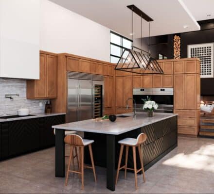 Modern kitchen design featuring wood and black cabinetry, a central island with two stools, built-in appliance selection, and a view of the living area with stairs and large windows.