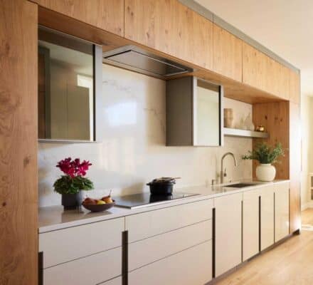 Modern kitchen with wood cabinets, white countertops, built-in stove, sink, and decorative plants on the counter—showcasing a minimalist look and natural light, perfect for those seeking galley kitchen design tips.